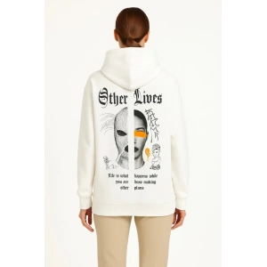 Üç İplik Kapşonlu ön Ve Arka Baskılı SweatShirt Hoodie- Beyaz