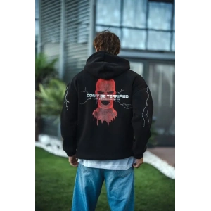 Üç İplik Kapüşonlu Baskılı Oversize SweatShirt- Siyah