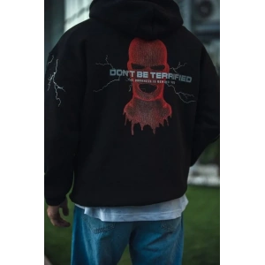 Üç İplik Kapüşonlu Baskılı Oversize SweatShirt- Siyah