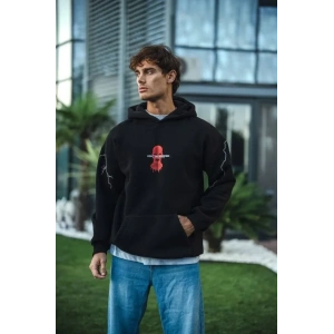Üç İplik Kapüşonlu Baskılı Oversize SweatShirt- Siyah