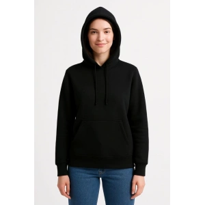 Üç İplik Kapüşonlu Kanguru Çepli SweatShirt Hoodie - Siyah