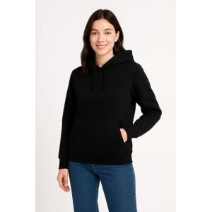 Üç İplik Kapüşonlu Kanguru Çepli SweatShirt Hoodie - Siyah