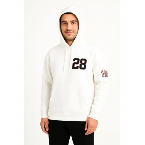 Üç İplik Kapüşonlu Ön Ve Arka Baskılı SweatShirt Hoodie - Beyaz