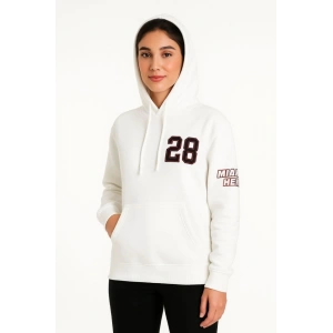 Üç İplik Kapüşonlu Ön Ve Arka Baskılı SweatShirt Hoodie - Beyaz