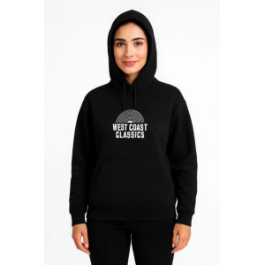 Üç İplik Kapüşonlu Ön Ve Arka Baskılı SweatShirt Hoodie - Siyah