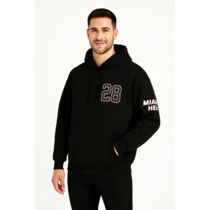Üç İplik Kapüşonlu Ön Ve Arka Baskılı SweatShirt Hoodie - Siyah