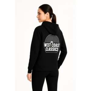 Üç İplik Kapüşonlu Ön Ve Arka Baskılı SweatShirt Hoodie - Siyah