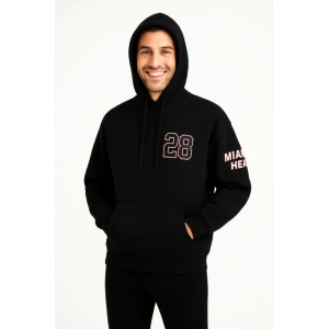 Üç İplik Kapüşonlu Ön Ve Arka Baskılı SweatShirt Hoodie - Siyah
