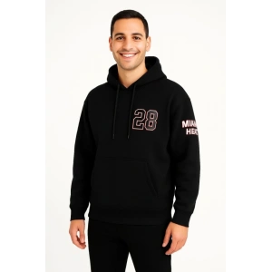 Üç İplik Kapüşonlu Ön Ve Arka Baskılı SweatShirt Hoodie - Siyah