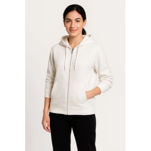 Üç İplik Kapüşonlu Tam Fermuarlı Kanguru Çepli SweatShirt Hoodie - Beyaz
