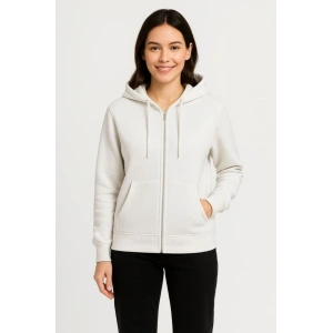 Üç İplik Kapüşonlu Tam Fermuarlı Kanguru Çepli SweatShirt Hoodie - Beyaz