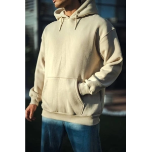 Üç İplik Penye Kapşonlu Basic SweatShirt - Bej