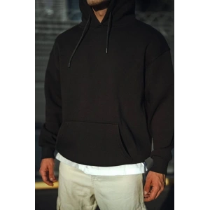 Üç İplik Penye Kapşonlu Basic SweatShirt - Siyah