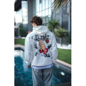 Üç İplik Penye Kapşonlu Baskılı SweatShirt - Beyaz