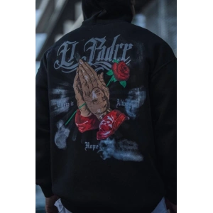 Üç İplik Penye Kapşonlu Baskılı SweatShirt - Siyah