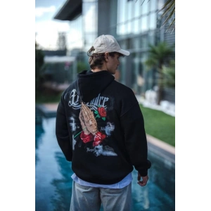 Üç İplik Penye Kapşonlu Baskılı SweatShirt - Siyah