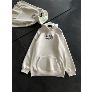 Üç İplik Penye Uzun Kol Kapşonlu Baskılı SweatShirt - Beyaz
