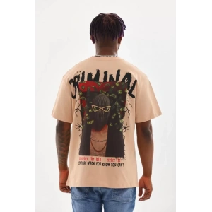 Unisex Baskılı Oversize T-Shirt - Bej