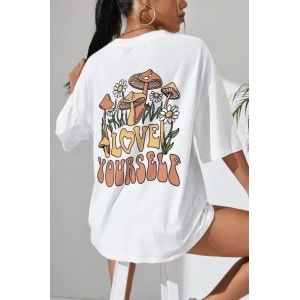 Unisex Baskılı Oversize T-Shirt - Beyaz