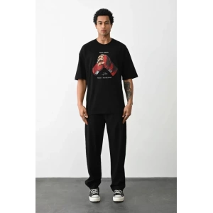 Unisex Baskılı Oversize T-Shirt - Siyah
