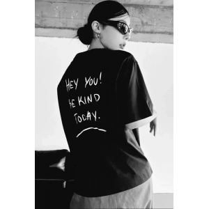 Unisex Baskılı Oversize T-Shirt - Siyah