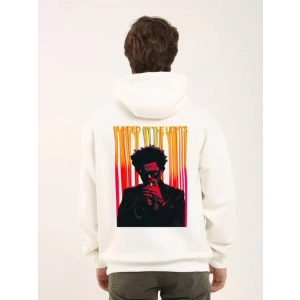 Unisex Baskılı Oversize Üç İplik Kapüşonlu Sweatshirt - Beyaz