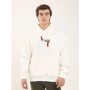 Unisex Baskılı Oversize Üç İplik Kapüşonlu Sweatshirt - Beyaz