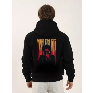 Unisex Baskılı Oversize Üç İplik Kapüşonlu Sweatshirt - Siyah