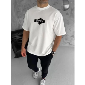 Unisex Bisiklet Yaka Baskılı Double Oversize T-Shirt - Beyaz
