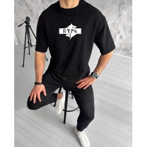 Unisex Bisiklet Yaka Baskılı Double Oversize T-Shirt - Siyah