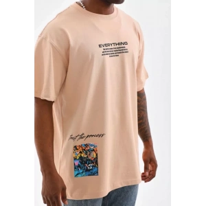 Unisex Bisiklet Yaka Baskılı Oversize T-Shirt - Bej