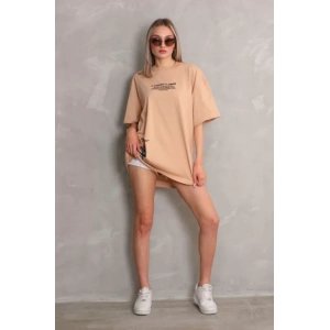 Unisex Bisiklet Yaka Baskılı Oversize T-Shirt - Bej