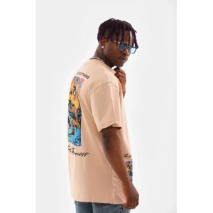 Unisex Bisiklet Yaka Baskılı Oversize T-Shirt - Bej