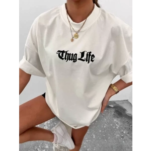 Unisex Bisiklet Yaka Baskılı Oversize T-Shirt - Beyaz