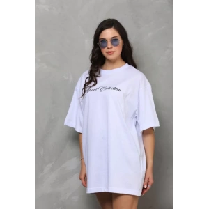 Unisex Bisiklet Yaka Baskılı Oversize T-Shirt - Beyaz
