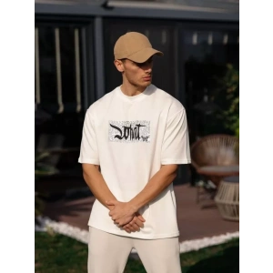 Unisex Bisiklet Yaka Baskılı Oversize T-Shirt - Beyaz