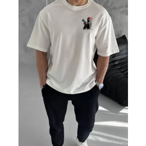 Unisex Bisiklet Yaka Baskılı Oversize T-Shirt - Beyaz