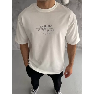 Unisex Bisiklet Yaka Baskılı Oversize T-Shirt - Beyaz