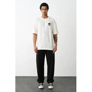 Unisex Bisiklet Yaka Baskılı Oversize T-Shirt - Beyaz