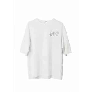 Unisex Bisiklet Yaka Baskılı Oversize T-Shirt - Beyaz