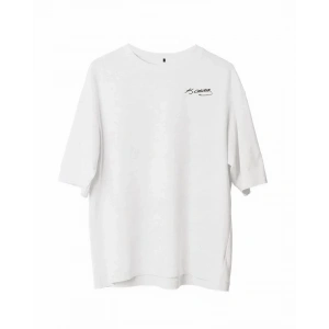 Unisex Bisiklet Yaka Baskılı Oversize T-Shirt - Beyaz
