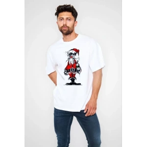 Unisex Bisiklet Yaka Baskılı Oversize T-Shirt - Beyaz