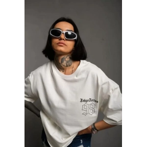 Unisex Bisiklet Yaka Baskılı Oversize T-Shirt - Beyaz