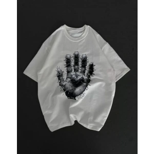 Unisex Bisiklet Yaka Baskılı Oversize T-Shirt - Beyaz