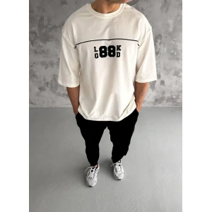 Unisex Bisiklet Yaka Baskılı Oversize T-Shirt - Beyaz