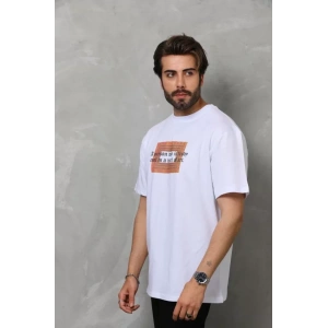 Unisex Bisiklet Yaka Baskılı Oversize T-Shirt - Beyaz