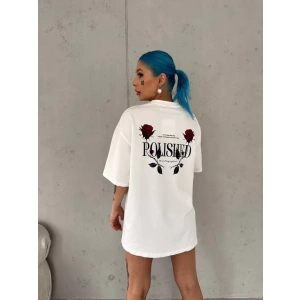 Unisex Bisiklet Yaka Baskılı Oversize T-Shirt - Beyaz