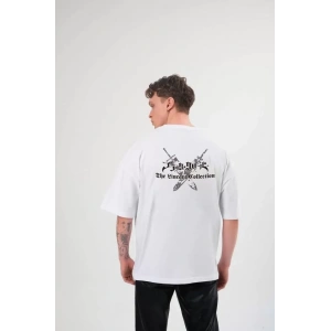 Unisex Bisiklet Yaka Baskılı Oversize T-Shirt - Beyaz