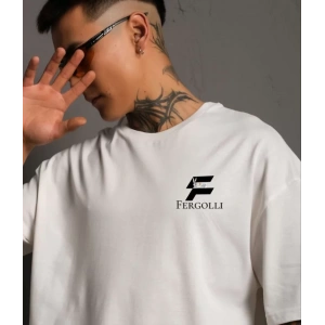 Unisex Bisiklet Yaka Baskılı Oversize T-Shirt - Beyaz