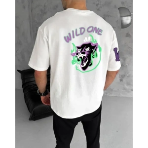 Unisex Bisiklet Yaka Baskılı Oversize T-Shirt - Beyaz